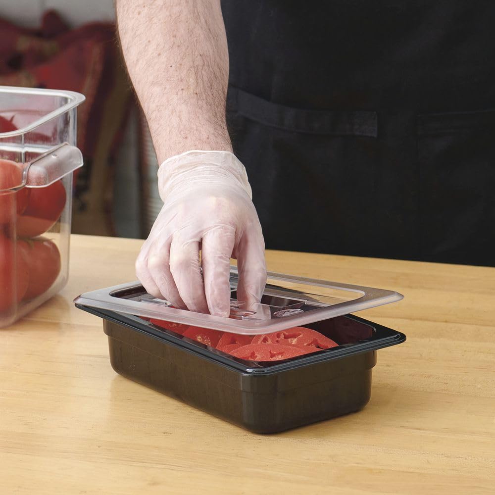 Fourth-Size Clear Polycarbonate Notched Food Pan Cover w/Handle - 10 3/7" L x 6 7/16" W by HUBERT – Polycarbonate (PC), Clear, Model 107023