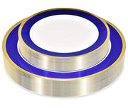 50 Piece Disposable Plates - Heavy Duty Plastic Dinnerware for Wedding Birthday Party Holiday Baby Shower - Includes 25 Dinner Plates and 25 Dessert Plates (Blue and Gold) by