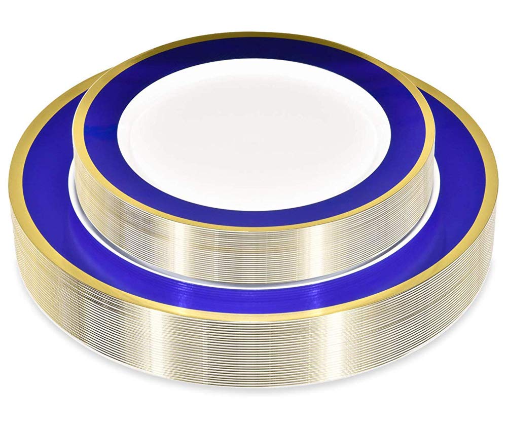 50 Piece Disposable Plates - Heavy Duty Plastic Dinnerware for Wedding Birthday Party Holiday Baby Shower - Includes 25 Dinner Plates and 25 Dessert Plates (Blue and Gold) by