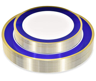 50 Piece Disposable Plates - Heavy Duty Plastic Dinnerware for Wedding Birthday Party Holiday Baby Shower - Includes 25 Dinner Plates and 25 Dessert Plates (Blue and Gold) by