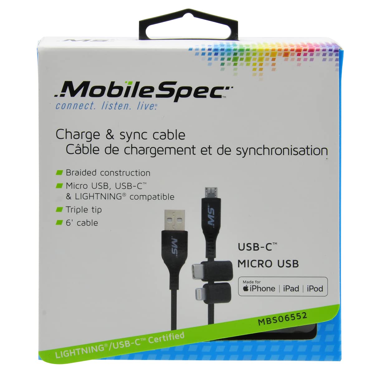 MobileSpec 6 Foot Multi-Use Charge and Sync Cable by Mobile Spec – Black, Model MBS06552