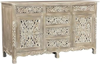 Starlight Canyon Home Solid Mango Wood Sideboard with Floral Carved Details, 6-Drawer 2-Door Buffet Cabinet for Dining and Living Room