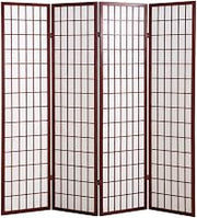 FurniFact Cherry 4-Panel Wood Room Divider, Folding Privacy Screen, Rice Paper Panels, Oriental Style, 71 Inch Tall, Freestanding