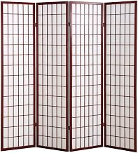 FurniFact Cherry 4-Panel Wood Room Divider, Folding Privacy Screen, Rice Paper Panels, Oriental Style, 71 Inch Tall, Freestanding