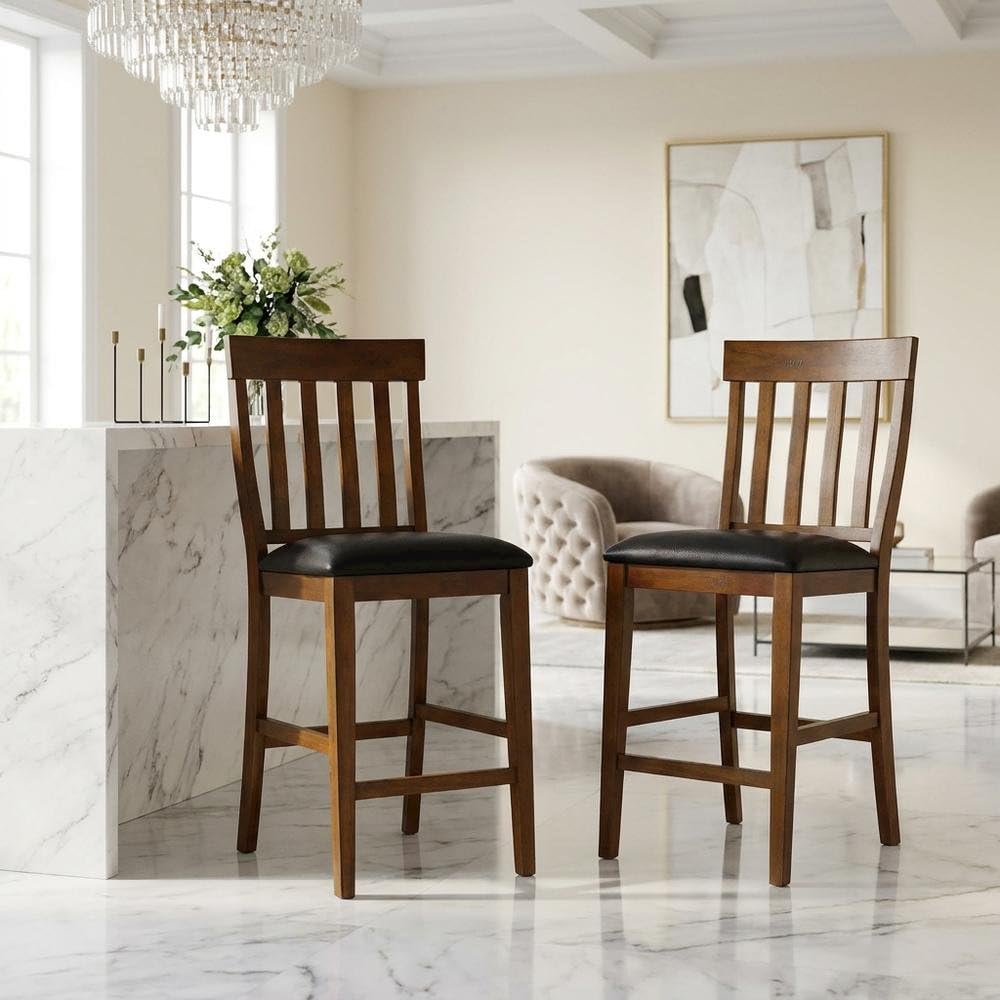 Rustic Whiskey Mariposa Slatback Counter Chair with Upholstered Seat by Starlight Canyon Home – Rubberwood, Brown, Pack of 2