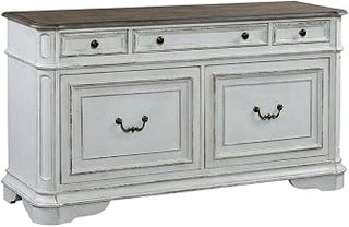 Antique White Credenza, European Traditional Style, Rubberwood Solids, White Oak and Birch Veneers, Ample Storage, Durable Construction