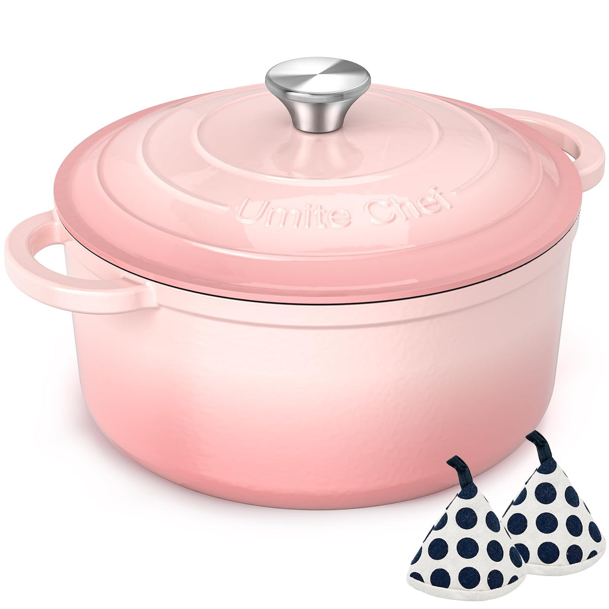 Umite Chef Enameled Cast Iron Dutch Oven, 5 Quart Capacity, Pink