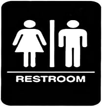 TableCraft 695633, Unisex Restroom Sign, ADA Compliant, Raised Text and Symbols, Self-Adhesive, Braille Restroom Sign, Black Polystyrene, 6" x 9", for Restaurant and Public Use
