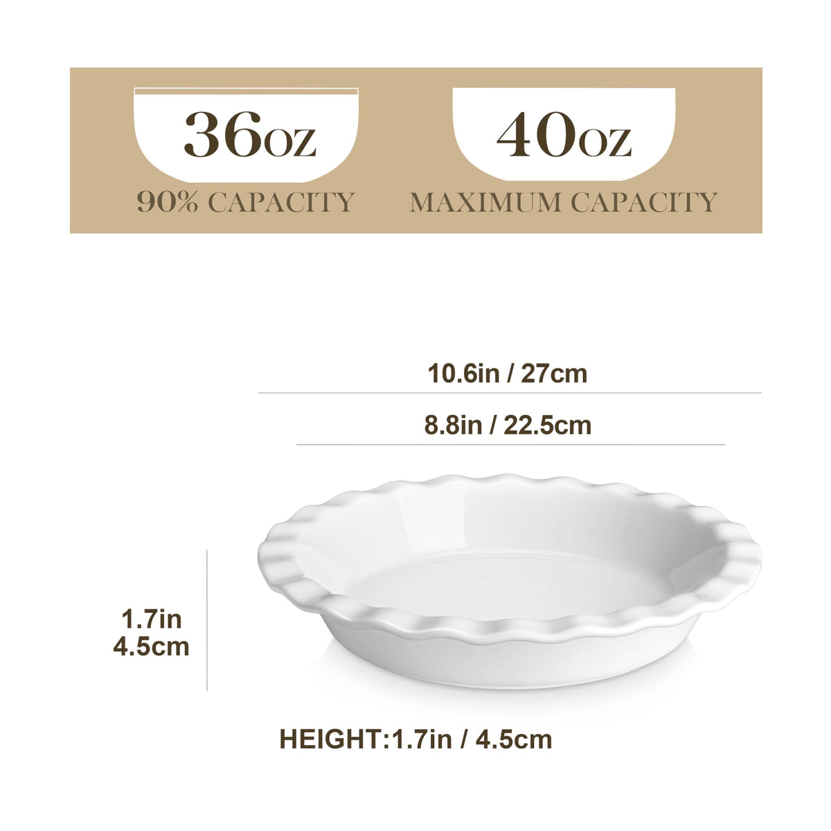 Malacasa Ceramic Pie Dish, 9 Inch 40 Oz, Set of 2 White