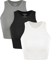 3-Pack Seamless Crop Tank for Women Ribbed Soft High Neck Cropped Tops