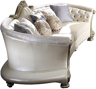 BOWERY HILL Crescent Shape Sofa, Pearl Faux Leather Upholstery, Tufted Design with 7 Accent Pillows, Gold Patina Frame, Decorative Nailhead Trim, Floral Crown, 113" W x 50" D x 43" H, Elegant Living