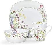Mikasa Wildflower Garden Dinnerware Set, 16-Piece Bone China Dishes Service for 4, Square Plates and Bowls Set with Mugs, Floral Design, Dishwasher and Microwave Safe
