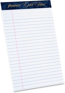 Ampad 20-054R Gold Fibre Perforated Pad, Size 5x8, White Paper, Legal Ruling, 40 Point Chipboard Backing, 50 Sheets Per Pad