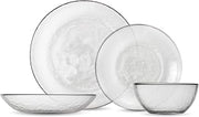 Fortessa Los Cabos Tableware, 16-Piece Glass Dinnerware Set with 4 Dinner Plates, 4 Salad Plates, 4 Coupe Bowls and 4 Cereal Bowls, Dishwasher-Safe Glass Plate Set, Clear