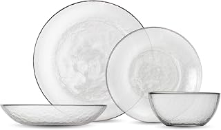 Fortessa Los Cabos Tableware, 16-Piece Glass Dinnerware Set with 4 Dinner Plates, 4 Salad Plates, 4 Coupe Bowls and 4 Cereal Bowls, Dishwasher-Safe Glass Plate Set, Clear