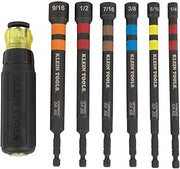 KLEIN TOOLS 32950 Ratcheting Impact Rated Hollow Power Nut Driver Set with Handle, Magnetic, Color Coded, 6 SAE Hex Sizes and Handle Included