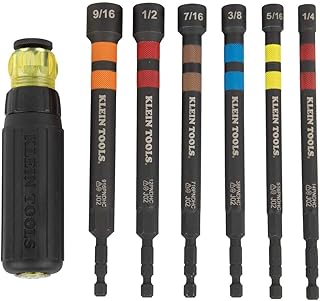 KLEIN TOOLS 32950 Ratcheting Impact Rated Hollow Power Nut Driver Set with Handle, Magnetic, Color Coded, 6 SAE Hex Sizes and Handle Included