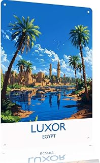 Luxor Egypt Scenic Metal Sign Wall Art 12x8in | Retro travel poster style Home living room decor Cafe wall Office Durable metal construction Vivid printed pattern