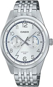 Casio MTP-E340D-7A Men's Analog Watch, Silver Stainless Steel Bracelet, Day-Date Display, 50M Water Resistant