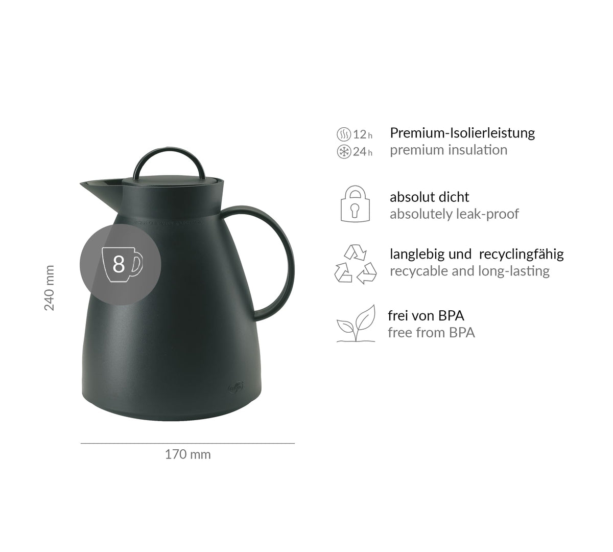 Dan 1-Liter Carafe by Alfi – 33.8 Ounces, 1 liters, Polypropylene, Black, Model 935020100