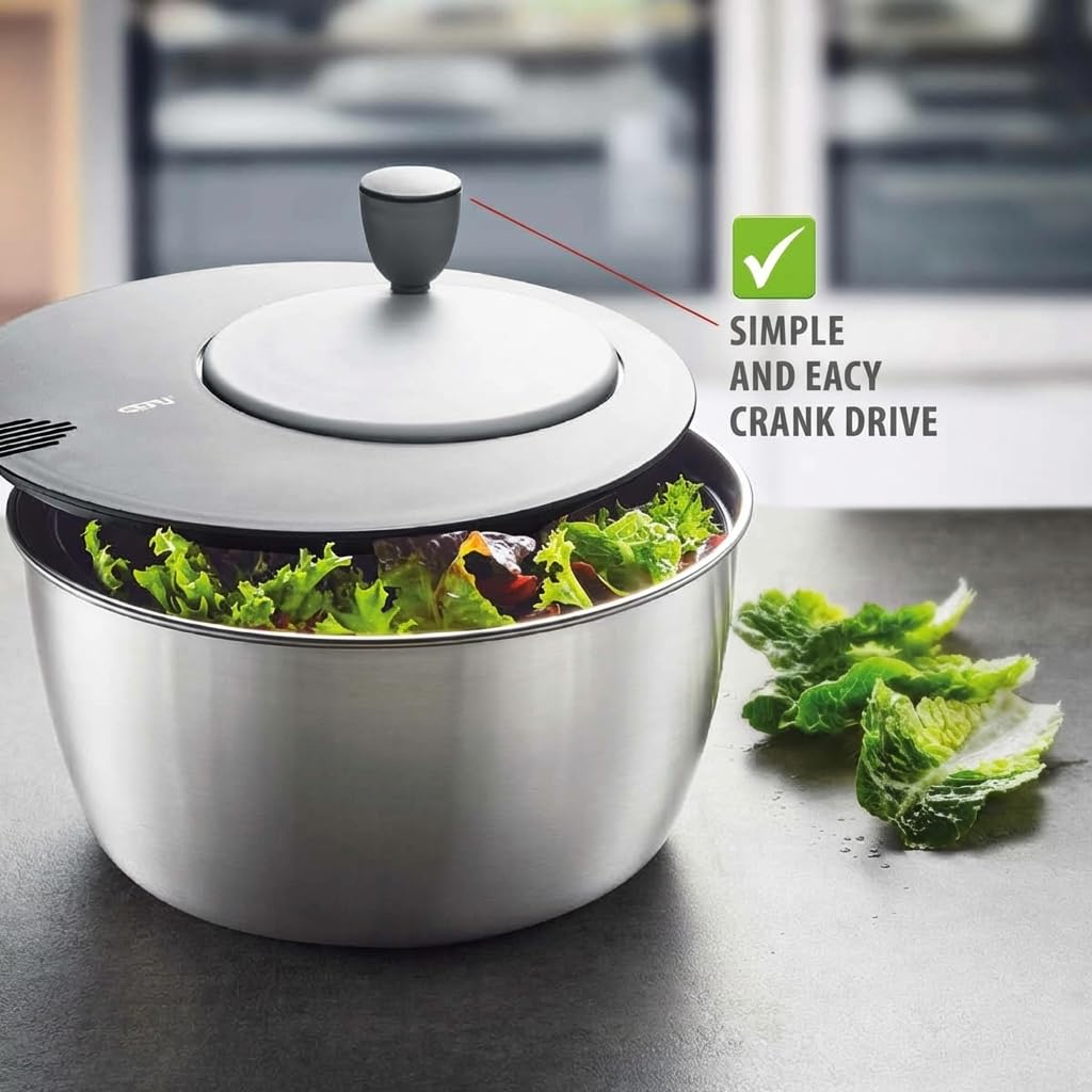 GF28180 Salad Spinner Rotare by GEFU – Ø 25 cm - H 17,2 cm - 3 Liter, 4 liters, Stainless Steel, Lightgrey