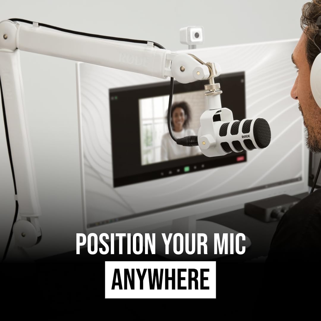 RODE PodMic Dynamic Podcasting Microphone (White) with RODE PSA1+ Professional Studio Arm (White) and XLR Cable by StreamEye – Metal, Model Pod Mic, GFW-0250