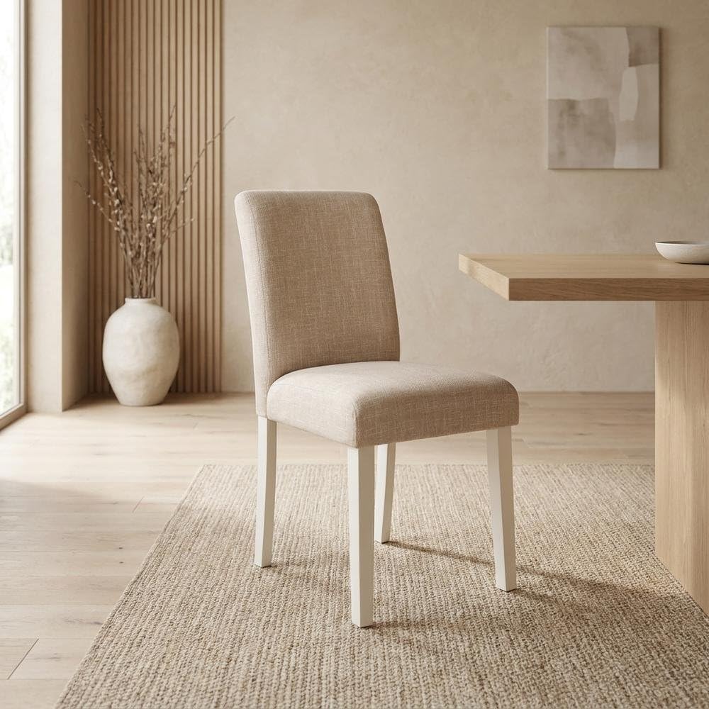 Linen-Upholstered Dining Chair Parsons Style with High Back by Furnifact – Wood, White, Pack of 2