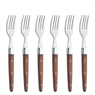 Steak Forks with Pakka Wood Handle by Amefa – Set Of 6, Stainless Steel, Silver And Brown, Pack of 6, Model Royal