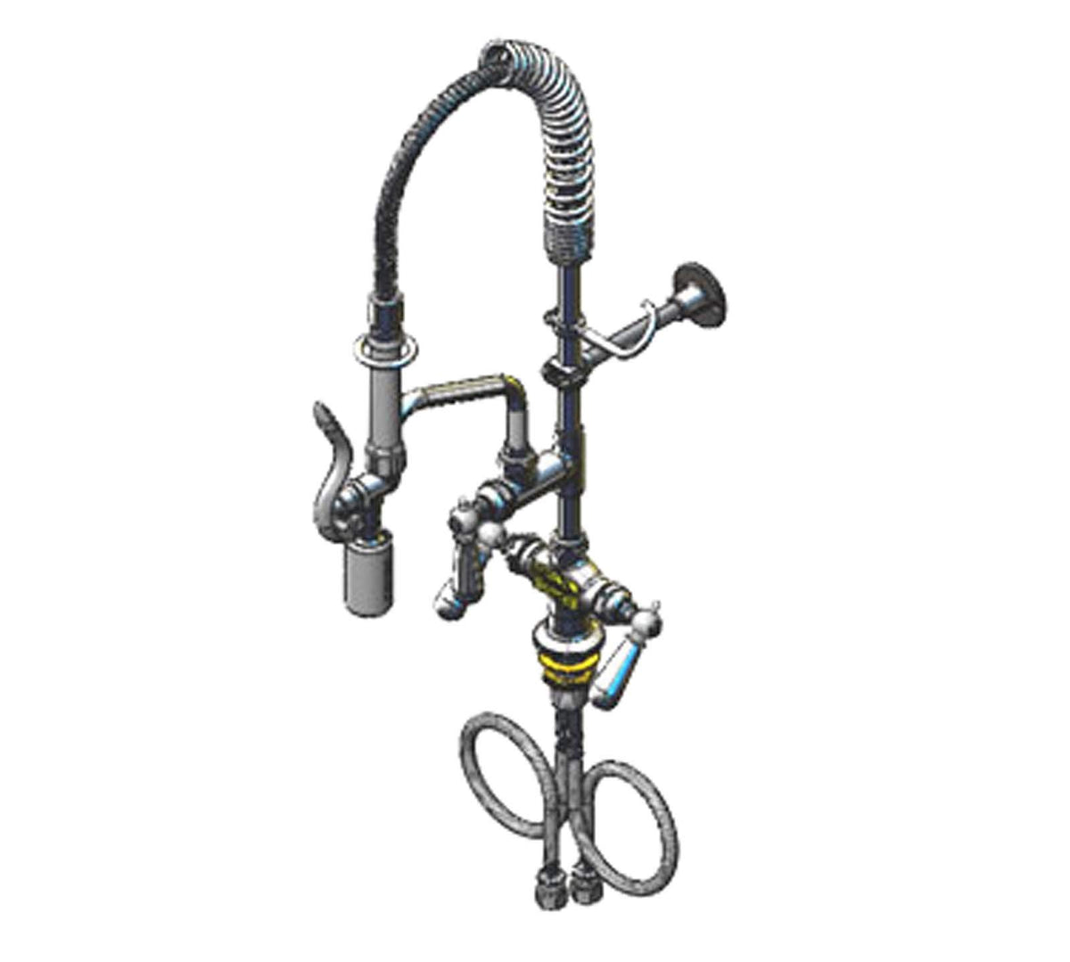 Mini Pre-Rinse with B-0107-C 6-Inch Swing Nozzle Club Handles 6-Inch Wall Brkt Flex Lines by T&S Brass – brass, Model MPY-2DCN-06