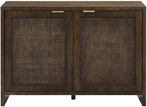 Furnifact Brown Record Player Cabinet, Particle Board Wicker Accents, Vinyl Storage Shelves, Turntable Console for Living Room