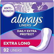 Always Anti-Bunch Xtra Protection, Panty Liners for Women, Light Absorbency, Extra Long Length, Leakguard + Rapiddry, Unsented, 92 Count