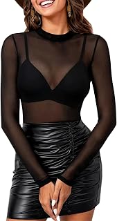 Floral Mesh Long Sleeve Tops for Women Mock Neck See Through Fitted Sexy Going Out Top