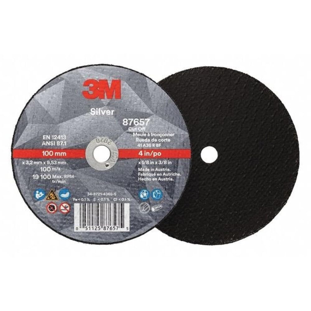 87657 Silver Cut-Off Wheel by 3M – 4"L x 4"W x 0.13"H, Ceramic, Pack of 50, Model 7100141050