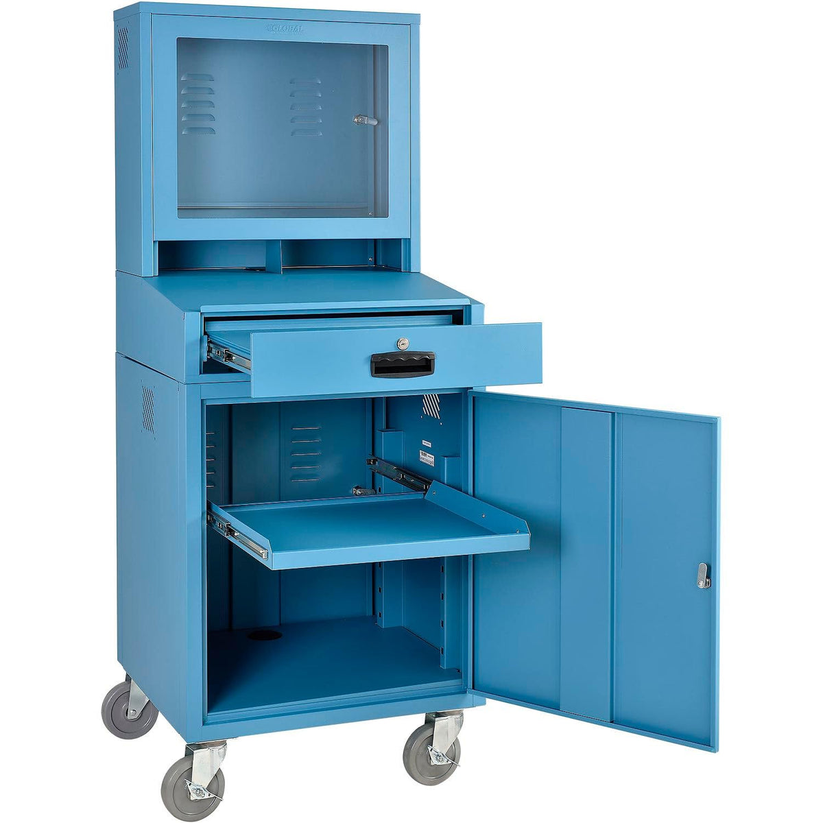 Mobile Security LCD Computer Cabinet Enclosure by Global Industrial – Alloy Steel, Blue, Model 239115BLA