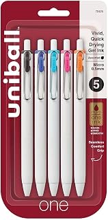 Uni-Ball One Retractable Gel Pens, Micro Point, 0.5 mm, White Barrel, Assorted Ink, Pack Of 5 Pens