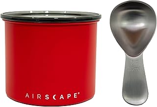 Planetary Design Airscape Stainless Steel Coffee Canister & Scoop Bundle - Food Storage | Container - US Patented Airtight Lid Pushes Out Excess Air - Preserve Food Freshness (Small, Matte Red & Brushed Steel Scoop)