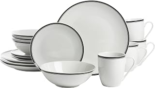 10 Strawberry Street Café Stripe 16 Piece Coupe Dinnerware Set, Black