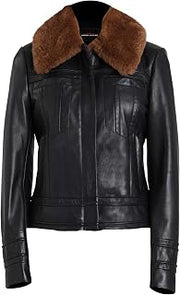 Suprendo Biker Lambskin Leather Jacket for Women with Fur Collar | Leather Jacket for Women