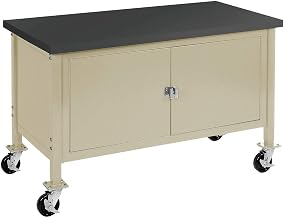 GLOBAL INDUSTRIAL Mobile Workbench with Security Cabinet, Phenolic Resin Safety Edge, 60 inchW x 30 inchD, Tan