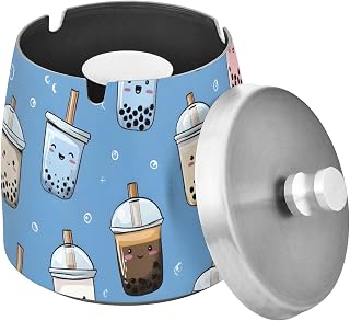 Cute Bubble Milk Tea Blue Splash Ashtray with Lid, Outdoor Ashtrays for Patio