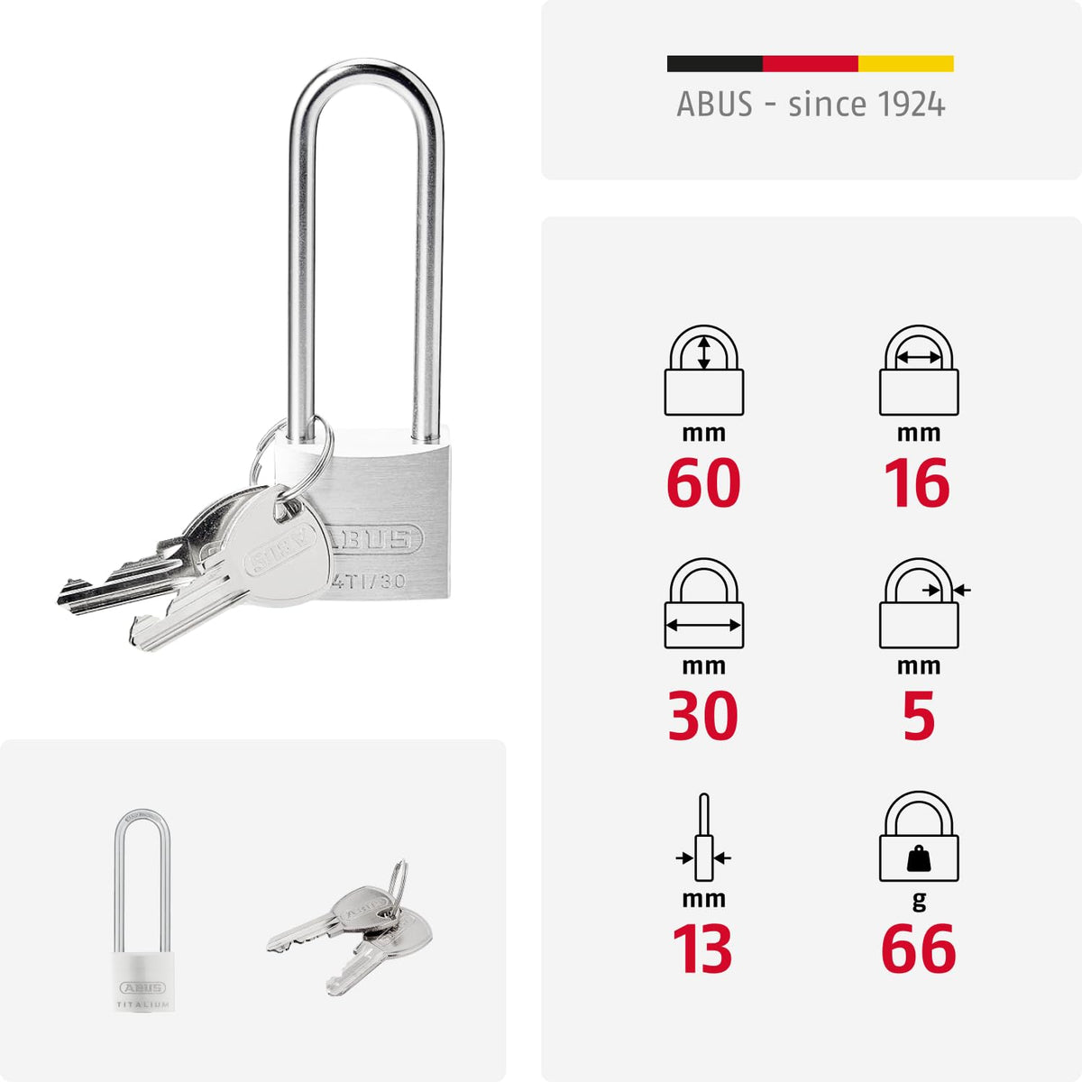 64TI / 30HB60 B/SB by ABUS – 30mm /Bügelhöhe 60mm, Alloy Steel Aluminium, Single, Model 56951