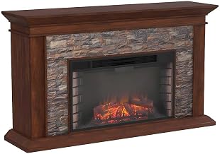 FurniFact Wood Veneer Electric Fireplace with Faux Stacked Stone Surround, LED Flame Mantel Heater for Living Room and Apartment