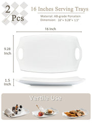 LYEOBOH Serving Platter, Melamine Rectangular Tray with Handles, White 16 Inch