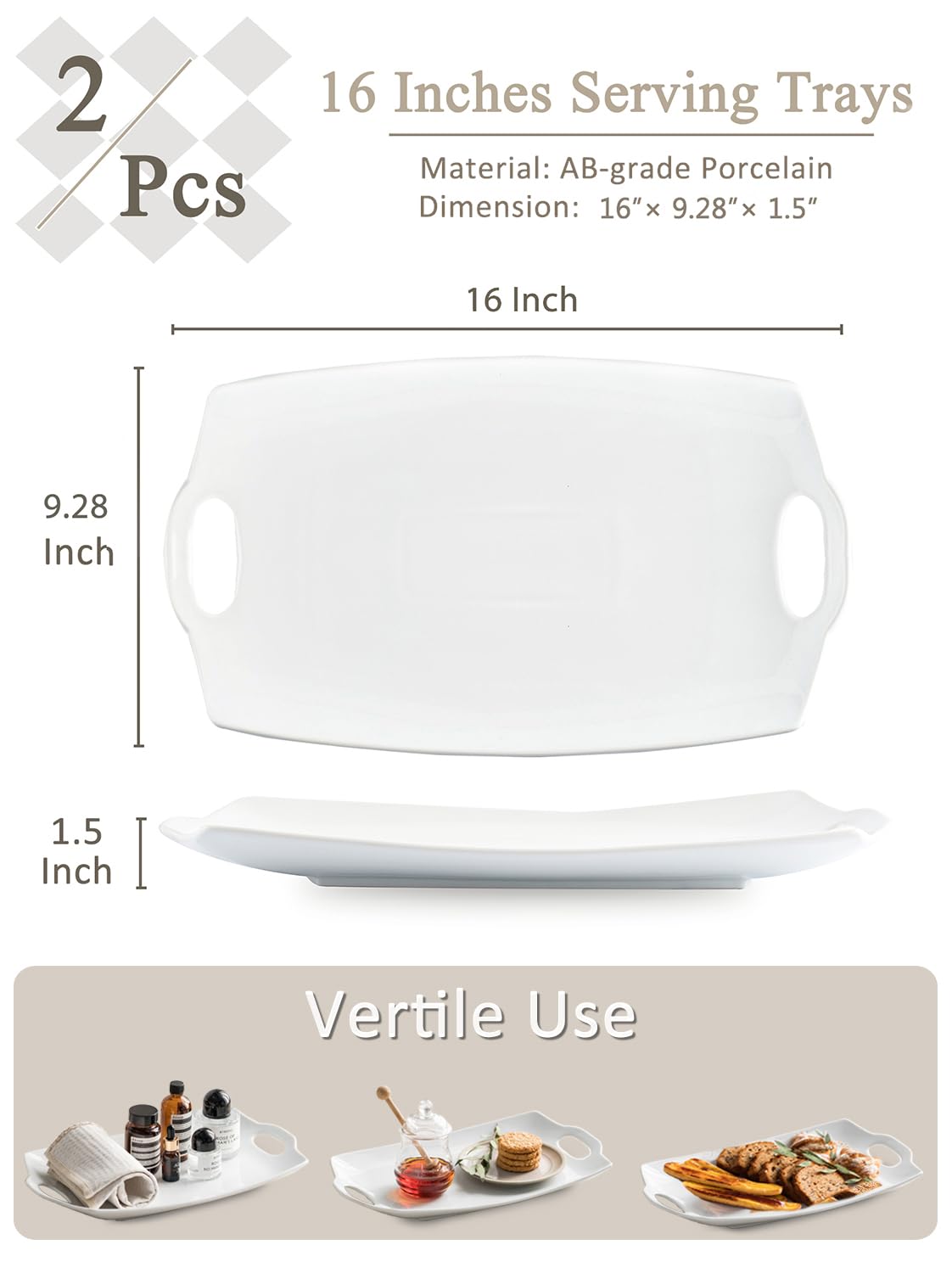 LYEOBOH Serving Platter, Melamine Rectangular Tray with Handles, White 16 Inch
