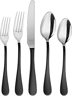 Amefa Sierra Half PVD Black 20-Piece Flatware Set - 18/10 Hammered Black/Silver Stainless Steel Silverware Set for 4, Knives Forks Spoons - Dinnerware Utensils