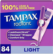 Tampax Radiant Tampons, with LeakGuard Braid, Light Absorbency, Up to 100% Leak and Odor Free Protection, Unscented, 84 Count (3 Packs of 28)