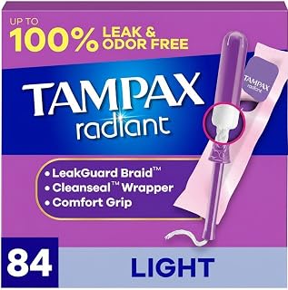Tampax Radiant Tampons, with LeakGuard Braid, Light Absorbency, Up to 100% Leak and Odor Free Protection, Unscented, 84 Count (3 Packs of 28)