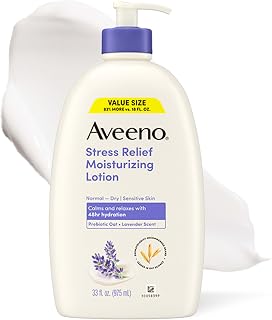 Aveeno Stress Relief Moisturizing Body Lotion, Lavender Scent with Prebiotic Oat for Sensitive Skin, Lightly Scented Lotion with 48-Hour Hydration, Fast Absorbing, Non-Greasy, Value Size 33 Fl Oz
