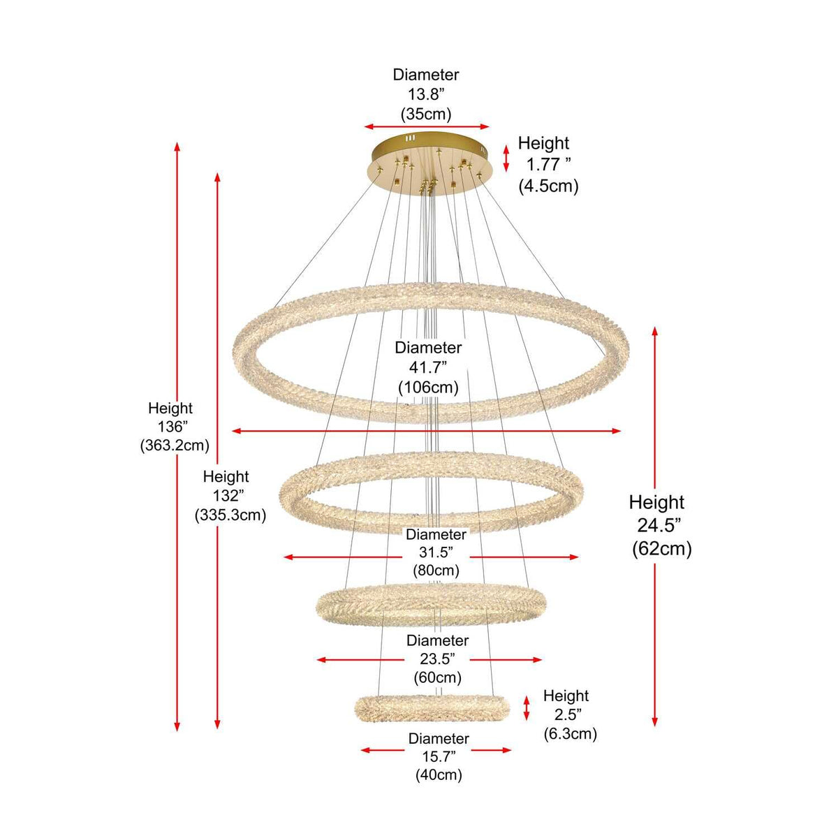 Bowen LED Chandelier Satin Gold by Lighting Design – Iron and Crystal, Satin Gold, Model 3800G41SG