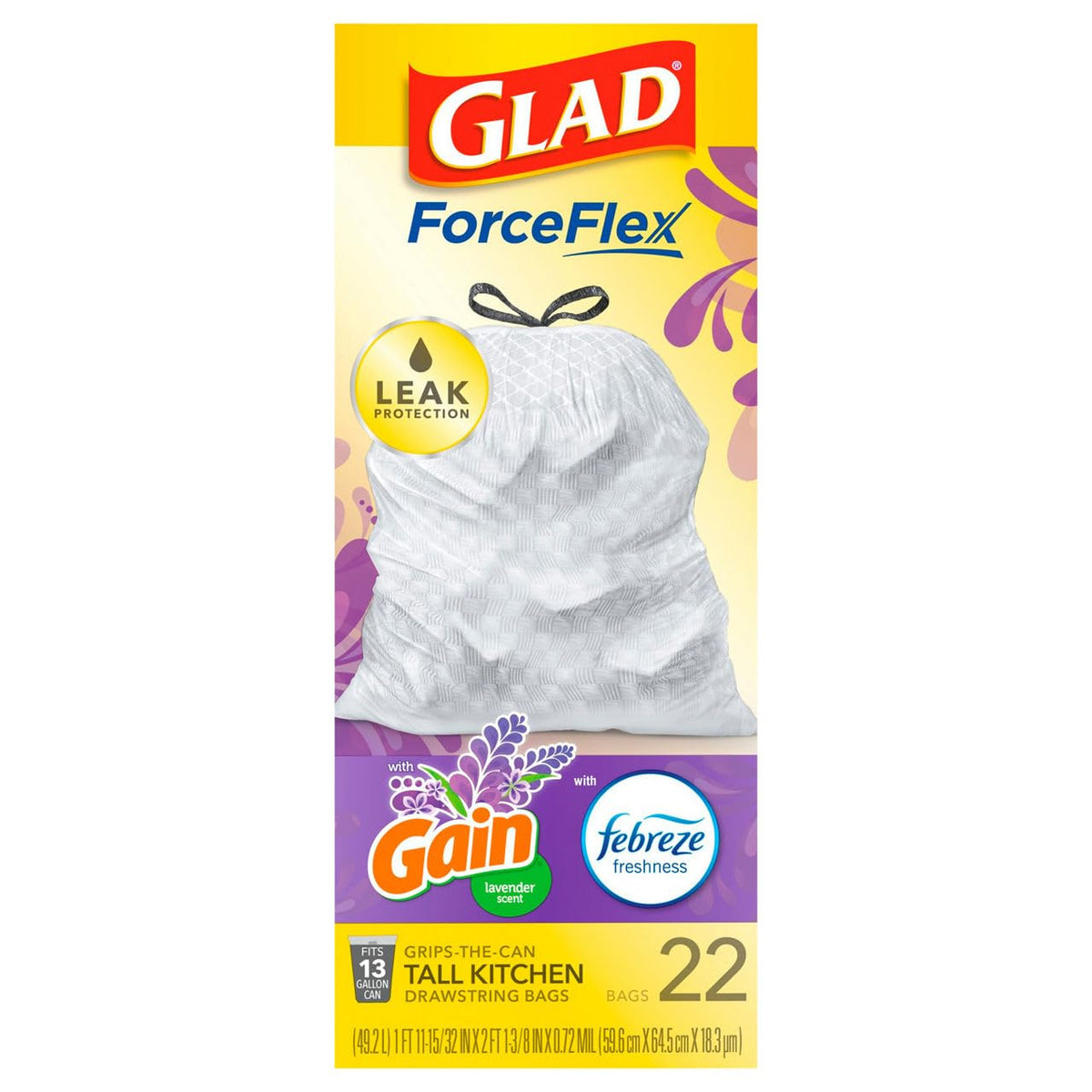 Forceflex Gain Lavender Scent 13 Gallon Drawstring Trash Bags, 22 Count by Glad – Commercial Grade